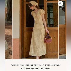 WILLOW ROUND NECK PLAID PUFF SLEEVE VISCOSE DRESS - YELLOW